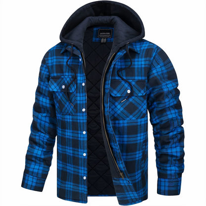 Mens Flannel Winter Jacket Hooded Quilted Warm Outdoor Jacket