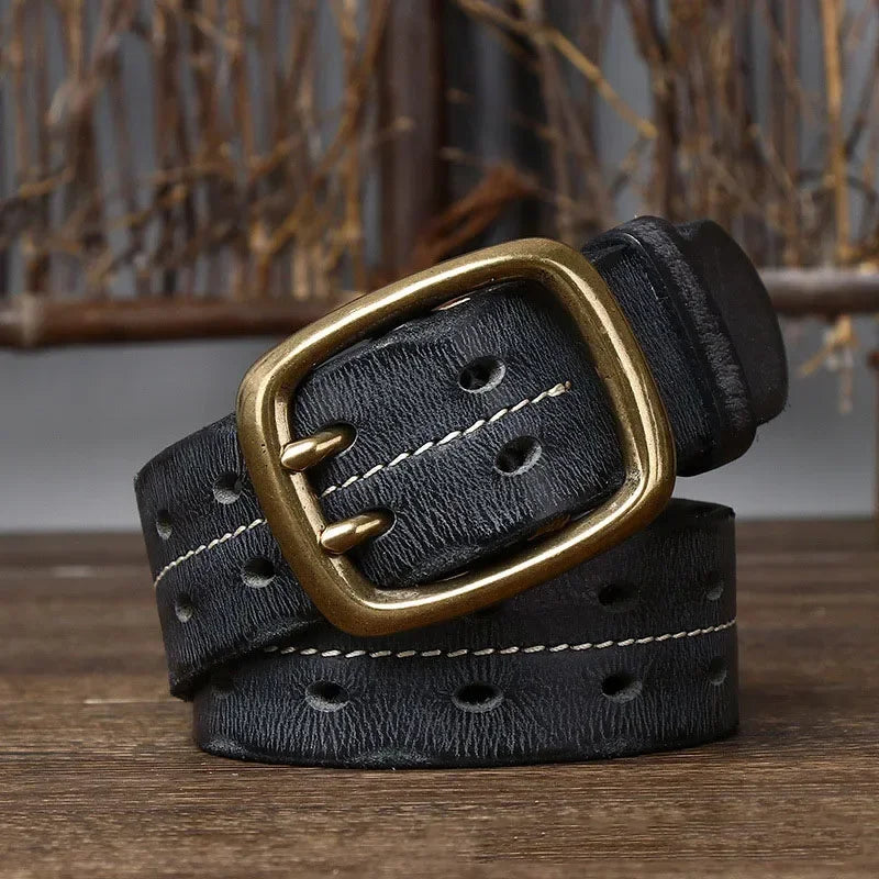 Men's Genuine Cowhide Leather Belt Double Brass Buckle