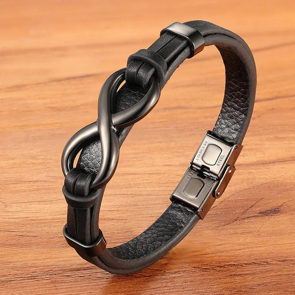 Men's Leather Infinity Bracelet Stainless Steel Wristband