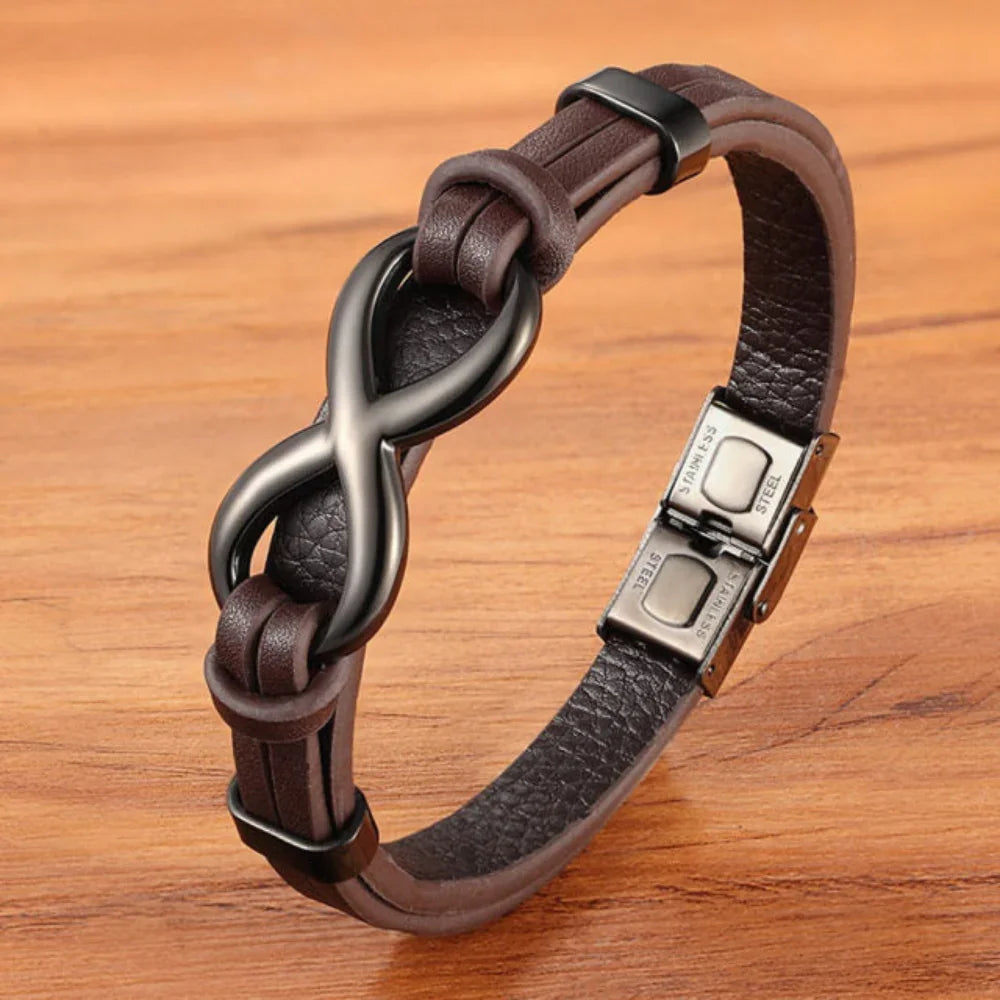 Men's Leather Infinity Bracelet Stainless Steel Wristband