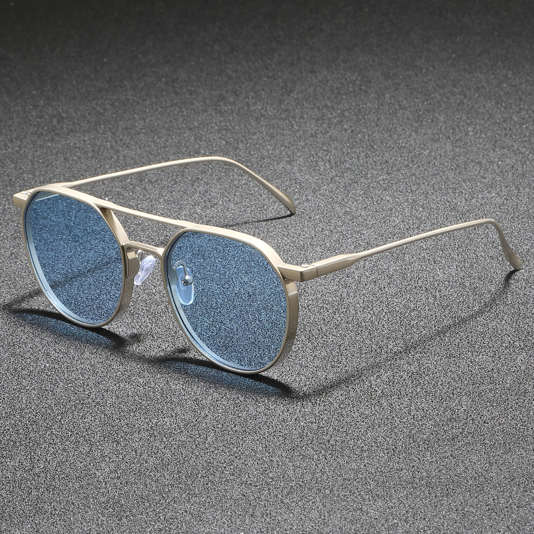 Mens Retro Round Sunglasses Blue Tint Vintage Metal Eyewear