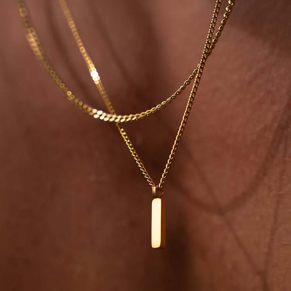 Mens Square Pendant Necklace Gold Stainless Steel Luxury Chain