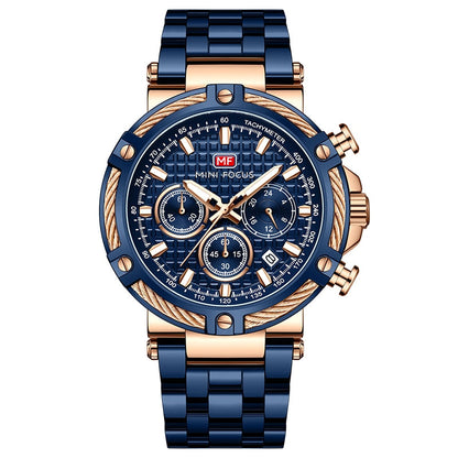 Mens Stainless Steel Watch Silver Blue Chronograph Date Wristwatch
