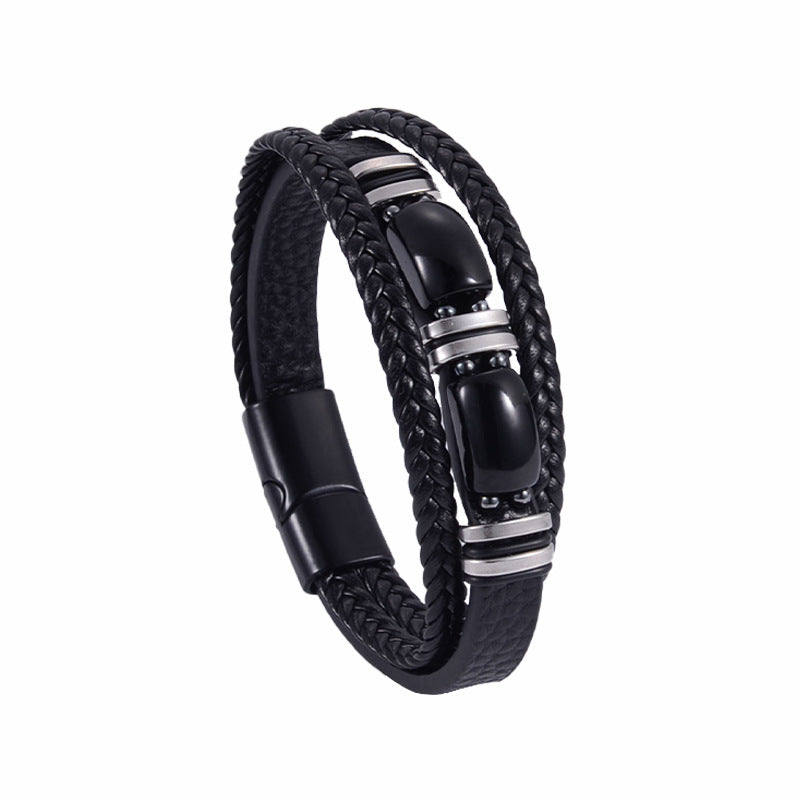 Mens Tiger Eye Bracelet Braided Leather Layered Jewelry Set