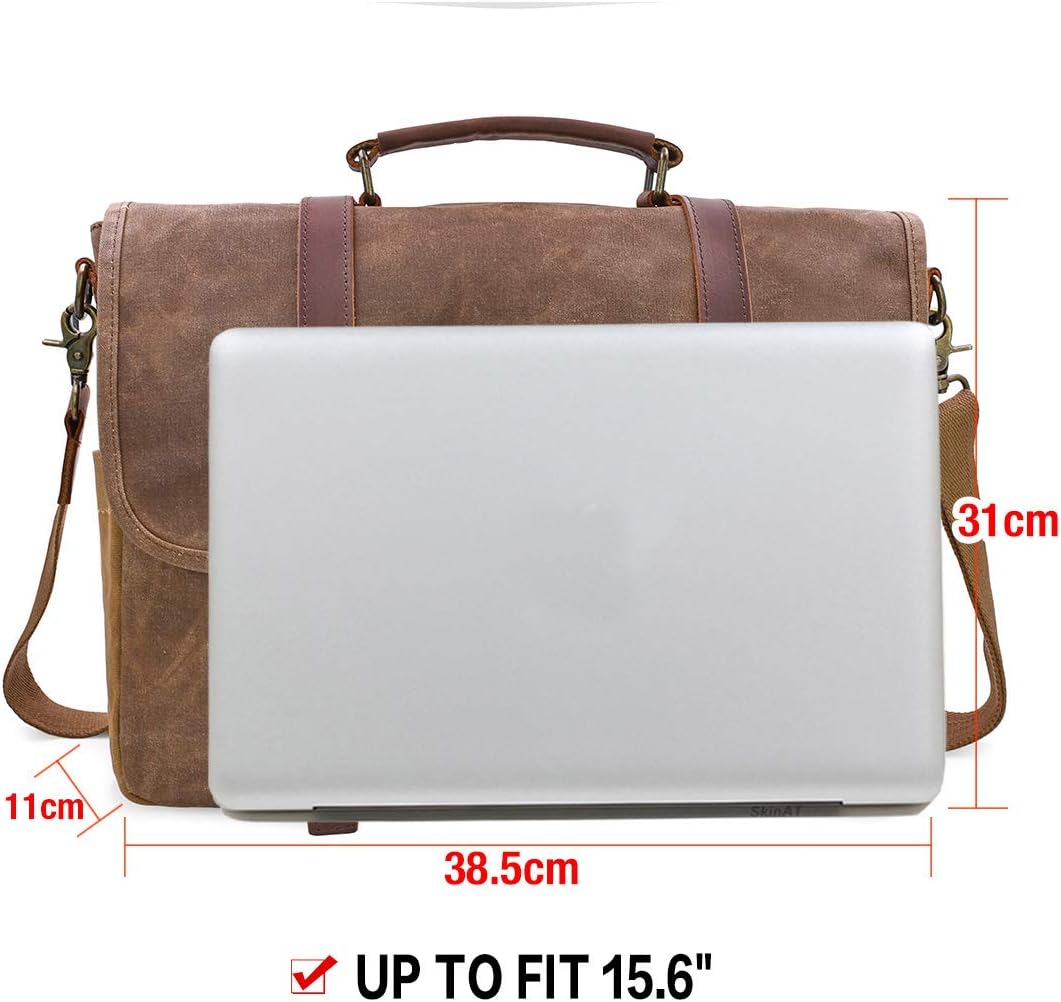Men's Waterproof Canvas Shoulder Bag Laptop Briefcase Vintage Work Messenger 15.6 Inch Brown