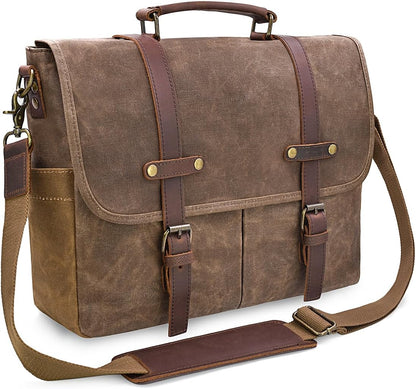 Men's Waterproof Canvas Shoulder Bag Laptop Briefcase Vintage Work Messenger 15.6 Inch Brown