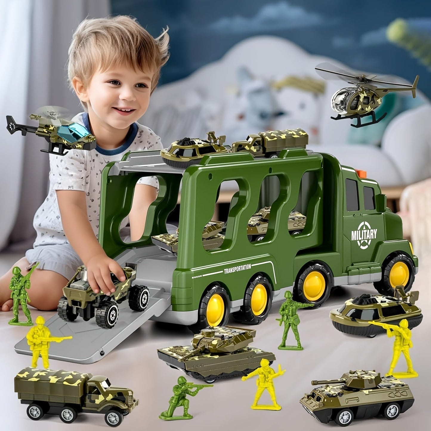 Military Toy Truck Set Kids Army Vehicles Soldiers Playset 14 in 1