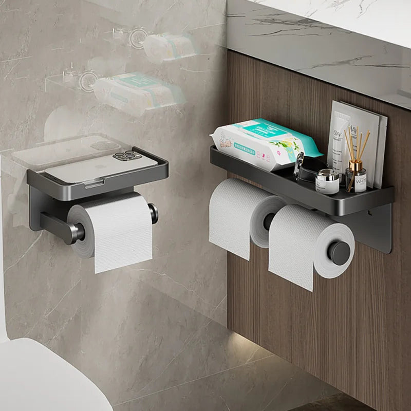 Multifunctional Toilet Paper Holder Bathroom Organizer Wall Mount Storage Shelf
