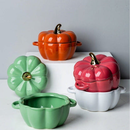 Pumpkin Shaped Ceramic Baking Dish With Lid Decorative Oven Safe Casserole