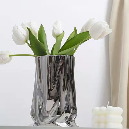 Reflective Silver Ceramic Vase Modern Home Decor Statement Centerpiece