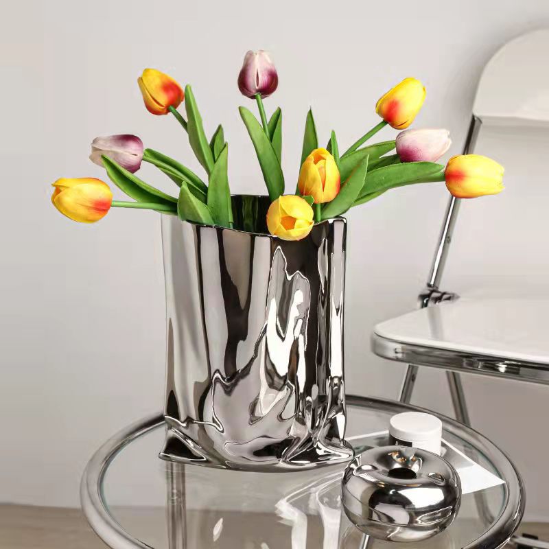 Reflective Silver Ceramic Vase Modern Home Decor Statement Centerpiece