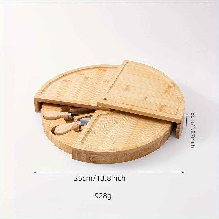 Rotating Charcuterie Bamboo Cheese Board Platter Serving Set With Knives