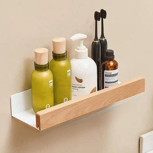Solid Wood Bathroom Organizer Shelf No Drill Storage Solution