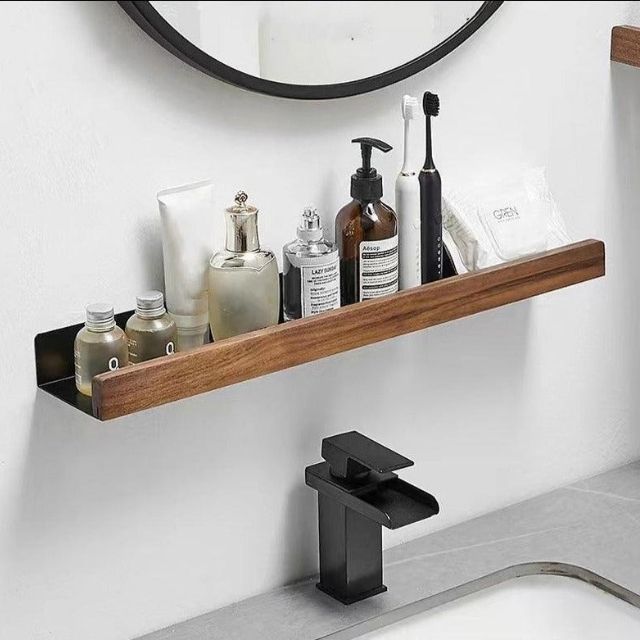 Solid Wood Bathroom Organizer Shelf No Drill Storage Solution