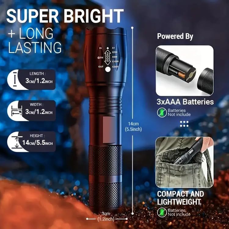 Super Bright LED Flashlight Adjustable Beam Torch