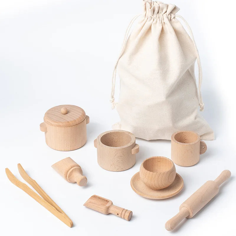 Wooden Kitchen Toy Set Kids Cooking Play Food Accessories Set